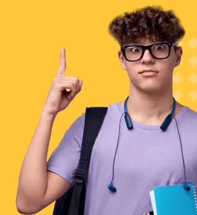 A surprised teen with curly hair, glasses, and a lavender shirt holds notebooks and raises one finger, standing against a bright yellow background. He has headphones around his neck and a backpack on his shoulder.
